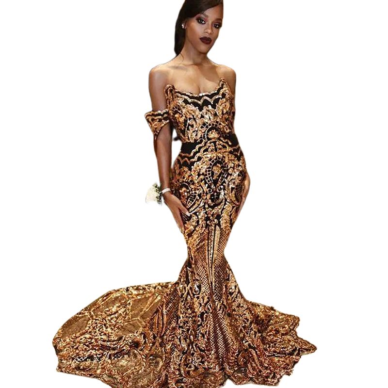 Sparkly Sequined Mermaid Prom Dresses Dark Gold Long Reception Dress Off The Shoulder African Neigria Evening Formal Gowns Custom Made