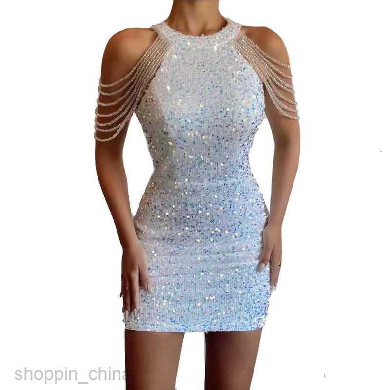 Casual Dresses for Woman Spring New Sexy Fashion Hanging Neck Shoulder Tassel Wrap Hip Crystal Spliced Sequin Dress