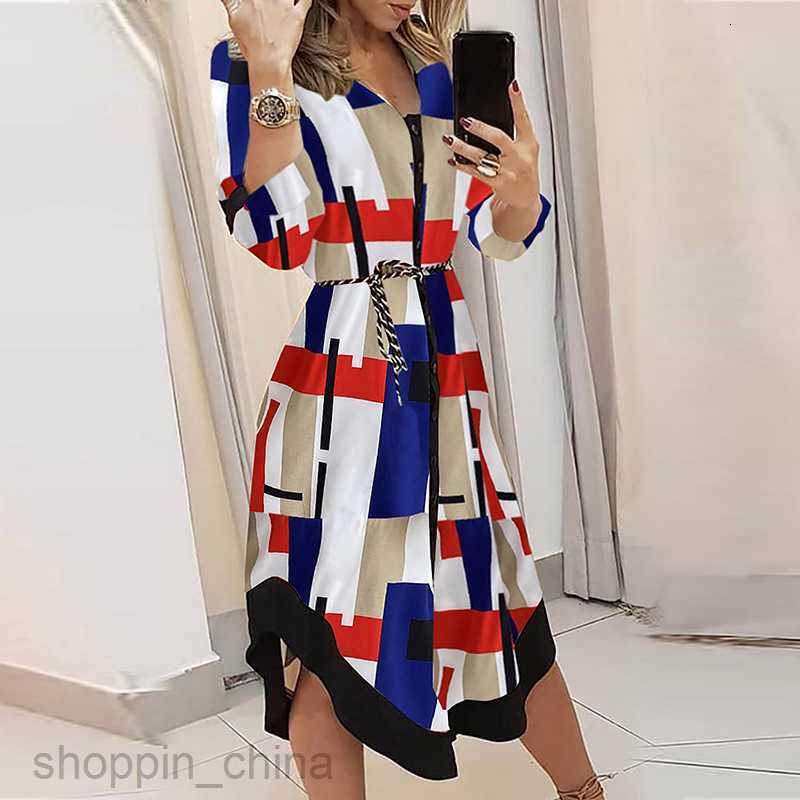 Basic Casual Dresses for Woman Women's summer new mid length skirt with printed plaid collar and tie up dress