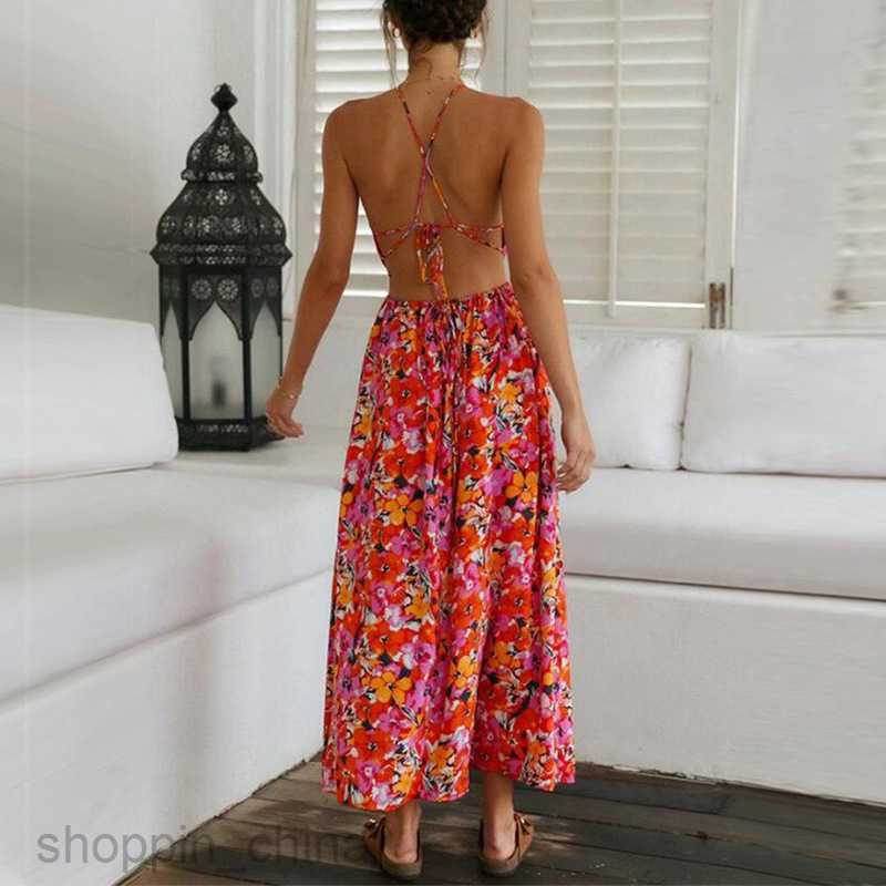 Basic Casual Dresses Women Summer Women's Wear Neck Hanging Red Print Sexy Back Waist Large Swing Beach Dress