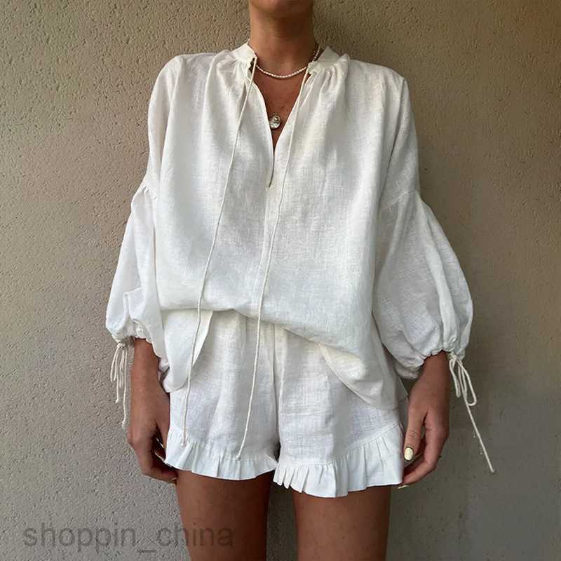 Women's Two Piece Sets Pants Summer New Women's Fashion Casual Long sleeved Pullover Shorts Loose Solid Color Lace up Set