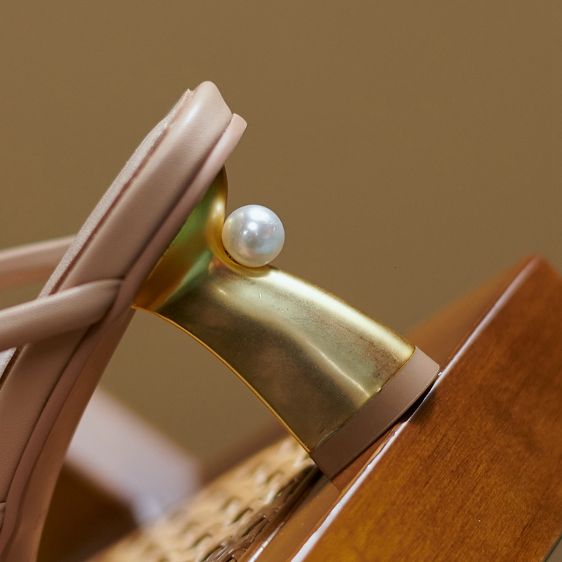 Women's New Spring/Summer Pointed Pearl Genuine Leather Cowhide Cross High Heel Baotou Muller Slippers