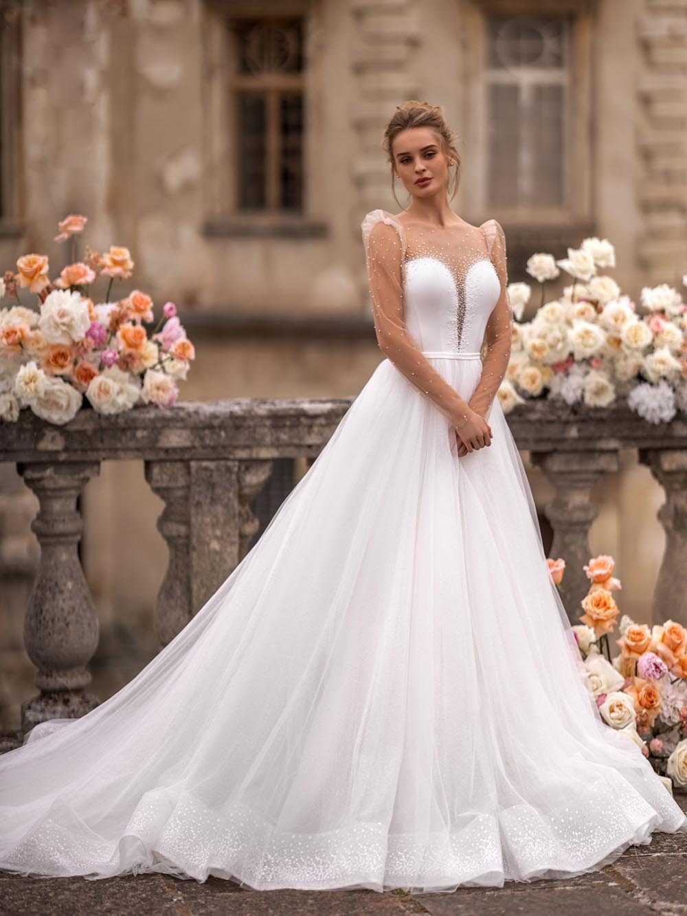 A Line Illusion Wedding Dresses 2024 Sheer Neck Long Sleeve With Beaded Bridal Dress Puffy Tulle Skirt Robe De Mariee