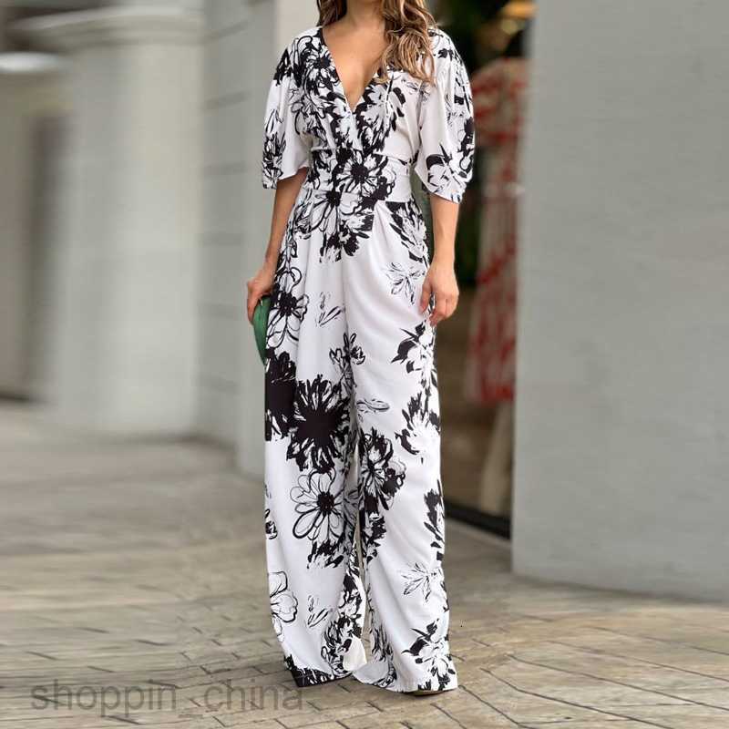 Basic Casual Dresses for Woman Summer New Women's Wear Fashionable and Elegant Printed Bat Sleeves Waist Wrapped V-Neck jumpsuit