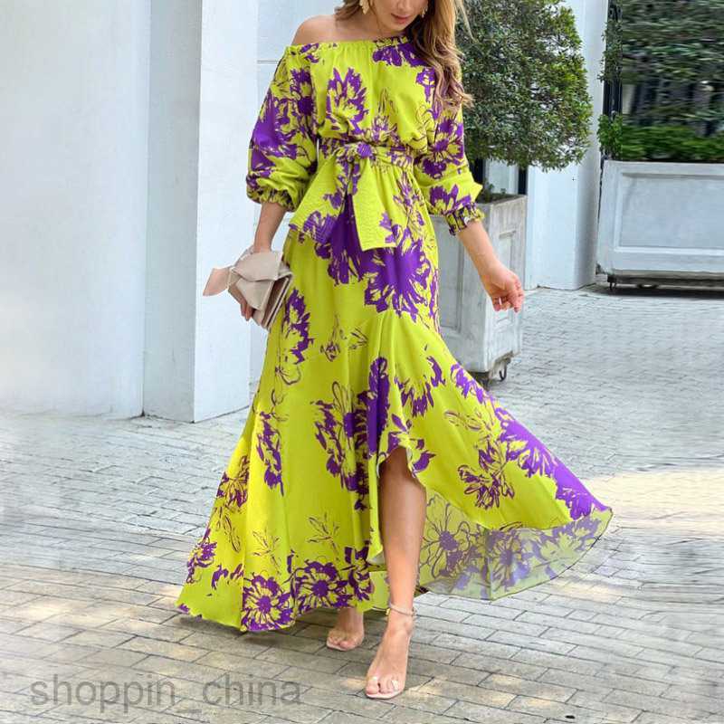 Basic Casual Dresses for Woman New Elegant Skew Shoulder Long Dress with Printed Lantern Sleeves High Waist Dress for Women