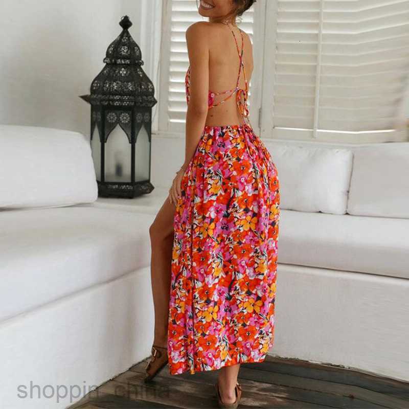 Basic Casual Dresses Women Summer Women's Wear Neck Hanging Red Print Sexy Back Waist Large Swing Beach Dress