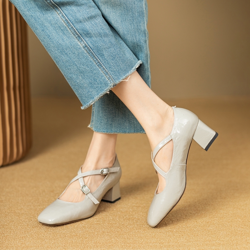 Women's New Spring And Autumn Square Head Leather Cowhide Cross Strap High Heel Mary Jane Work Sheet Shoes