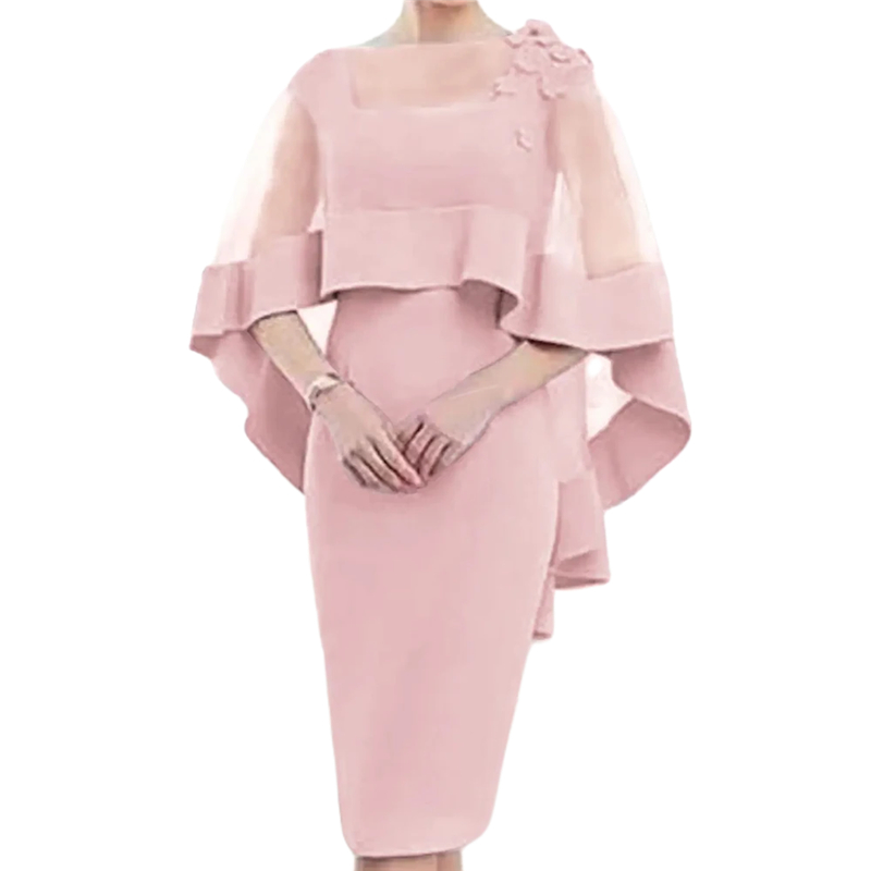 Pink Sheath Knee Lengh Mother Of The Bride Dresses With Short Wrap 2024 Elegant Satin Wedding Guest Dress Women Evening Formal Gown
