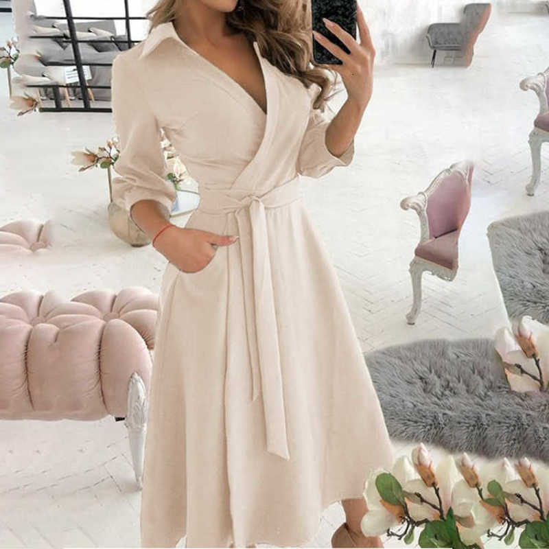 Basic Casual Dresses Woman Summer New Fashion Print Long Sleeved V-Neck Wrapped Hip Style Commuter Dress For Women