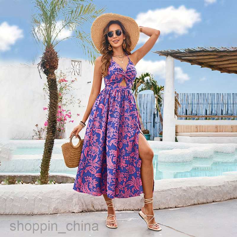 Basic Casual Dresses for Woman Women's printed suspender with open back and elastic waist strap, sleeveless long hanging neck dress skirt