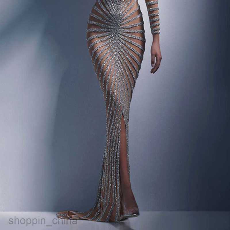 Casual Dresses for Woman Spring New Fashion Hot Diamond Women's Clothing Mesh Perspective Long Sleeve Split Long Dress
