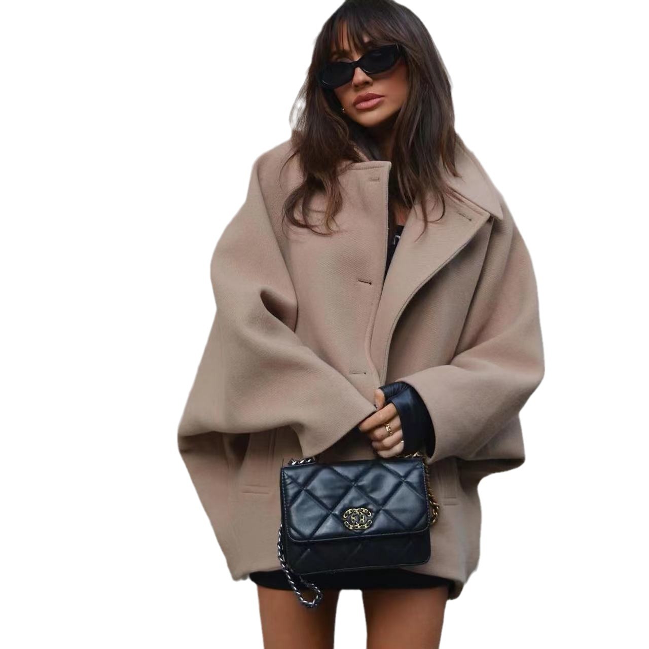 Womens Wool Blends Solid Short Cashmere Coat Chic Lapel Long Sleeve Casual Thick Jacket Autumn Winter Fashion Loose Warm Street Outerwear