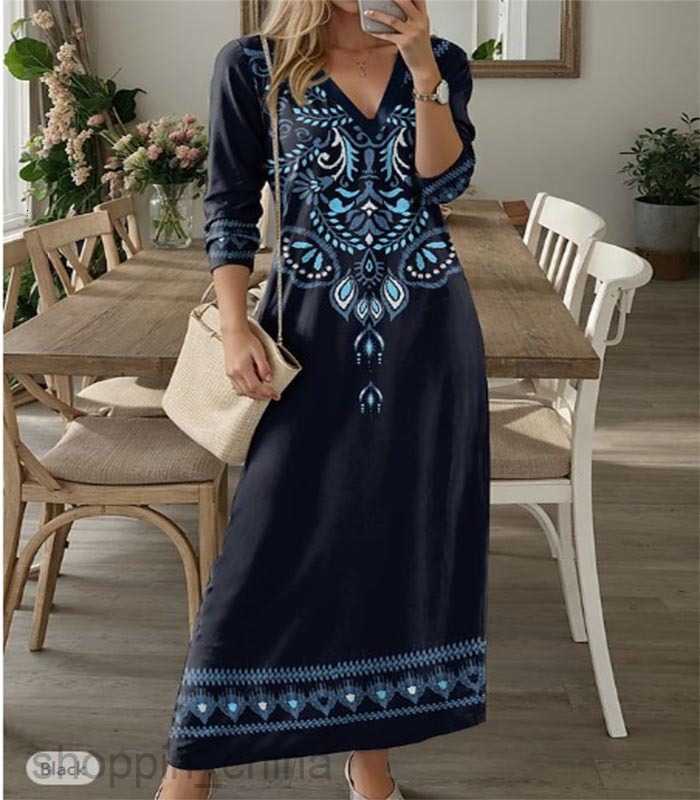 Basic Casual Dresses Women Shutong Women's Spring New Long sleeved V-neck Positioned Printed Dress