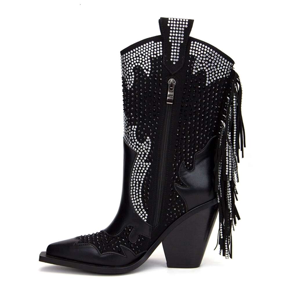 Women's New European American Pointed Tassel Rhinestone High Heeled Oversized And Calf Western Denim Short Boots