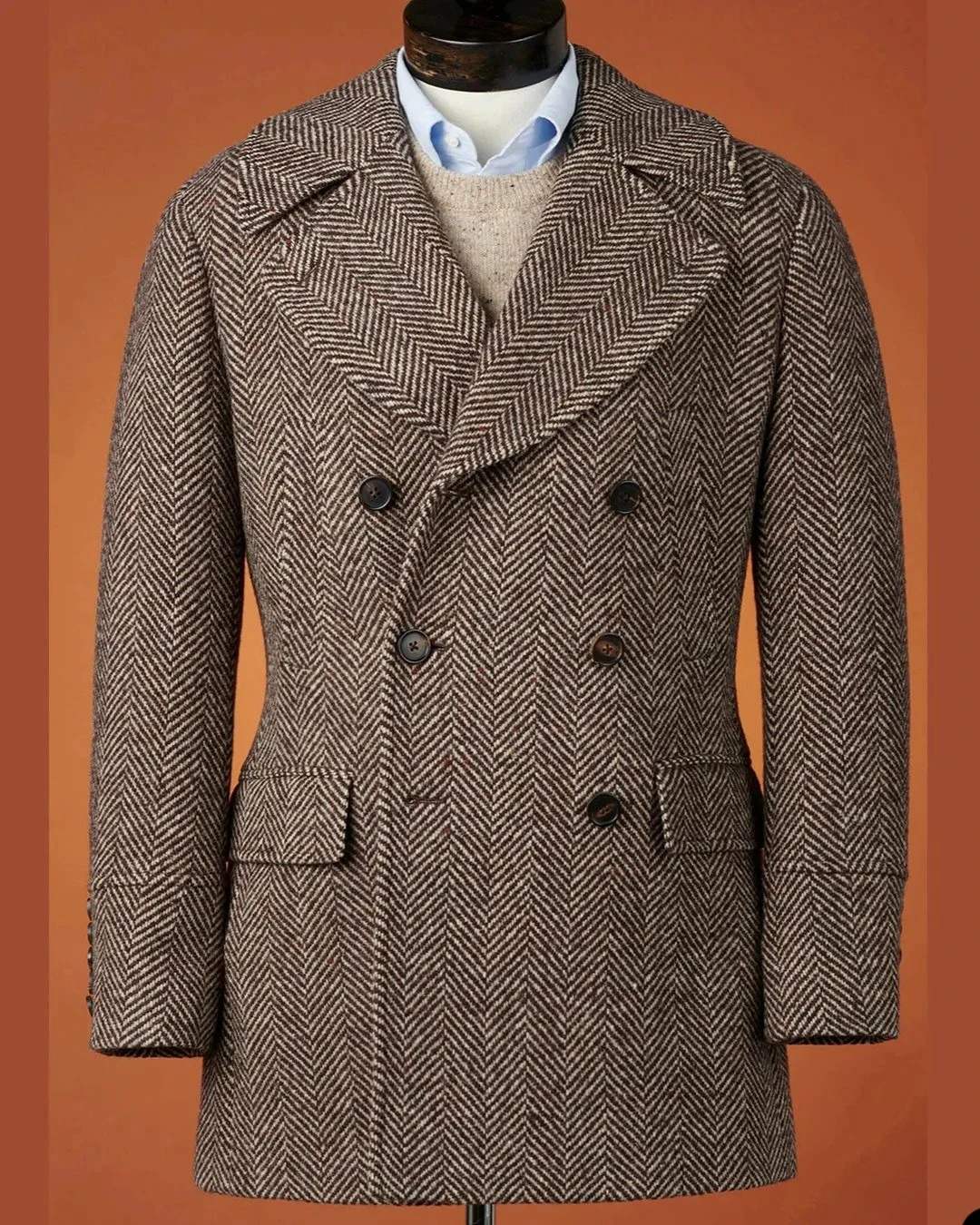 Men's Warm Coat For Men Harringbone Wool Trench Thickened Coats Tailored Notched Lapel Autumn Winter Double Breasted Custom Made One Jacket