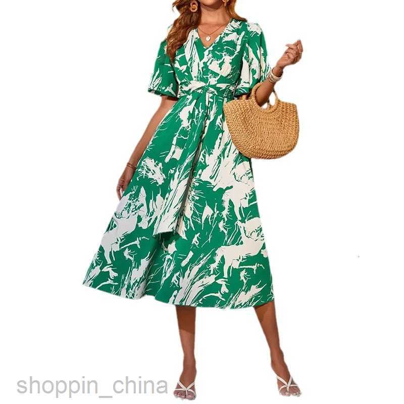 Basic Casual Dresses Women Summer New Elegant and Romantic Long Skirt Flare Sleeves V-Neck Ruffle Ribbon Printed Dress Long Dress