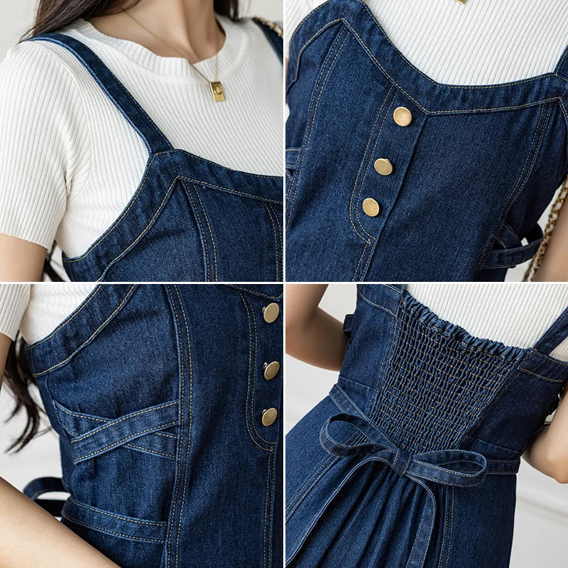 S-5XL Women Denim Strap Dress High Waist Sleeveless A-Line Jean Maxi Dresses Spring Summer Lace Up Solid Color Dress 240701