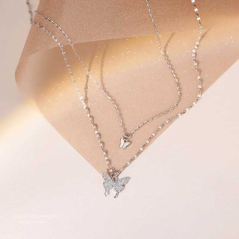Pendant Necklaces 925 Sterling Silver Double Layer Butterfly Necklace for Women INS Small Fresh Shiny Zircon Clavicle Chain Jewelry Accessories
