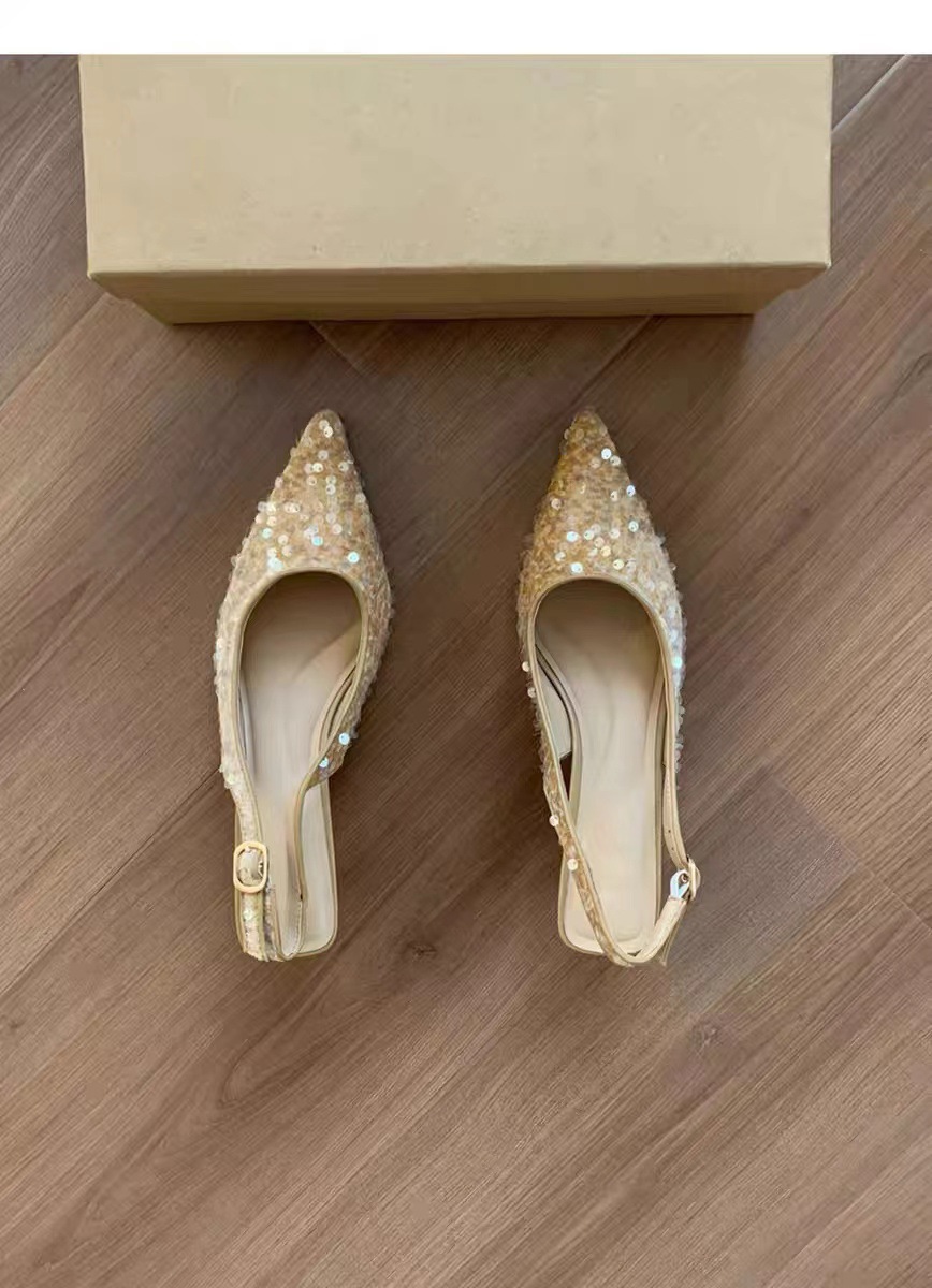 French niche premium toe sandals 2024 new summer pointed-toe single shoes sequin heels Golden