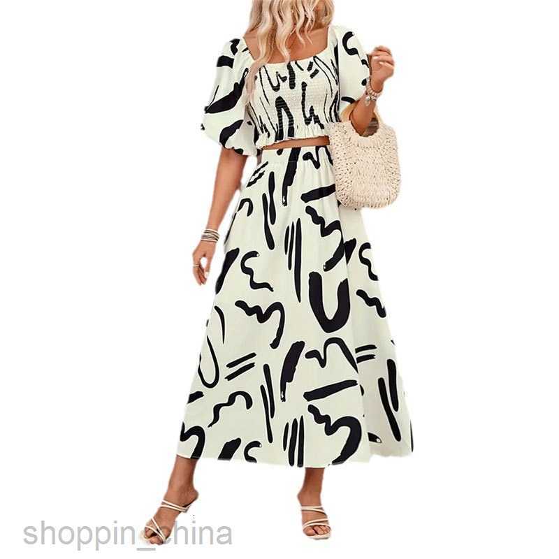 Basic Casual Dresses for Woman Women's clothing set, summer two-piece set, sleeve, ruffled top, printed skirt for women