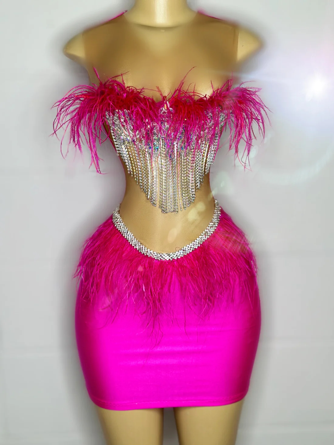 Fuchsia Crystals Feather Short Prom Dresses For Black Girls See Through Sexy African American Cocktail Dresses Birthday Party Homecoming Gowns