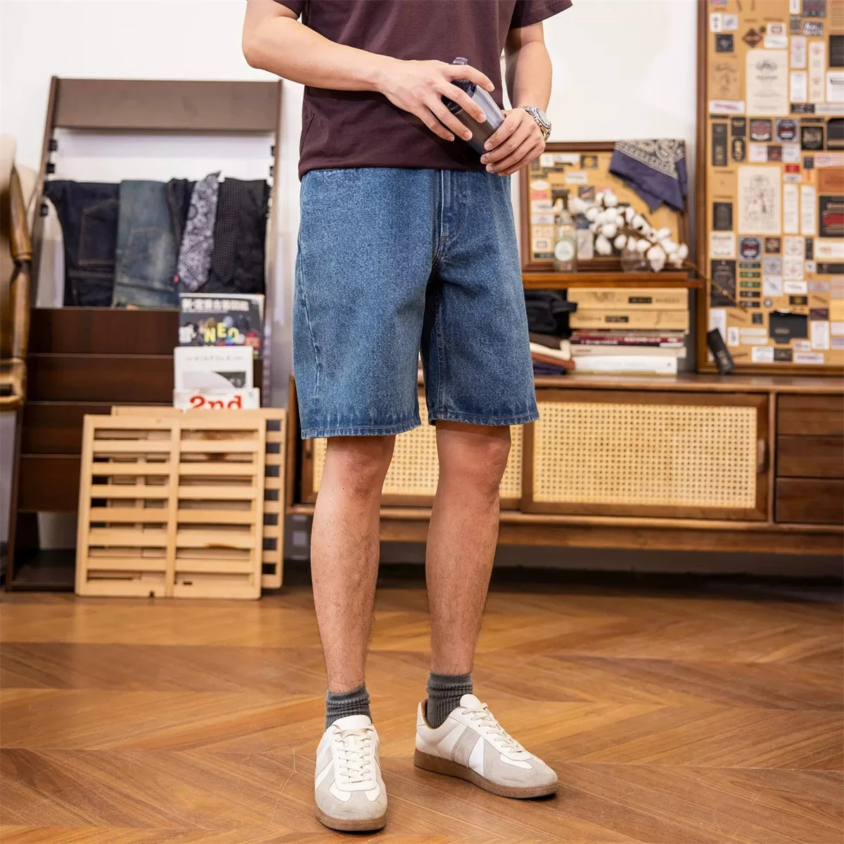 Red Tornado Casual Denim Shorts Loose Straight Fit Vintage Workwear Mens Jean Short 240626