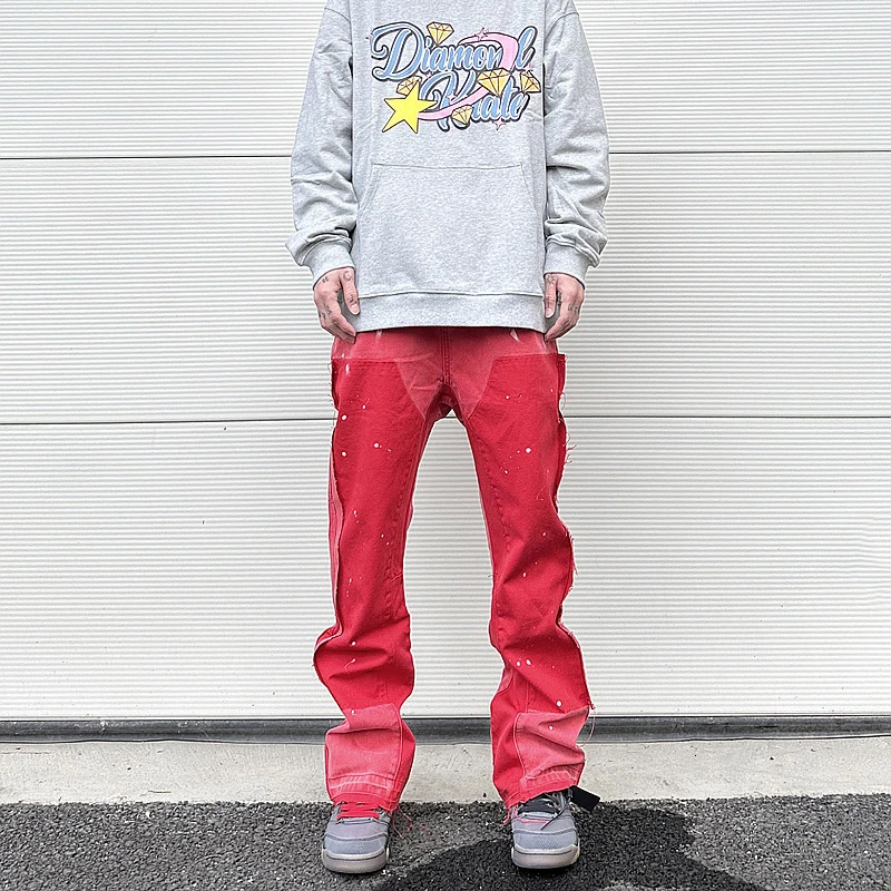 Streetwear Cleanfit Double Knee Graffiti Baggy Pants Jeans Y2k Vintage Flare Denim Men Patchwork Patches for Women Clothes 240626