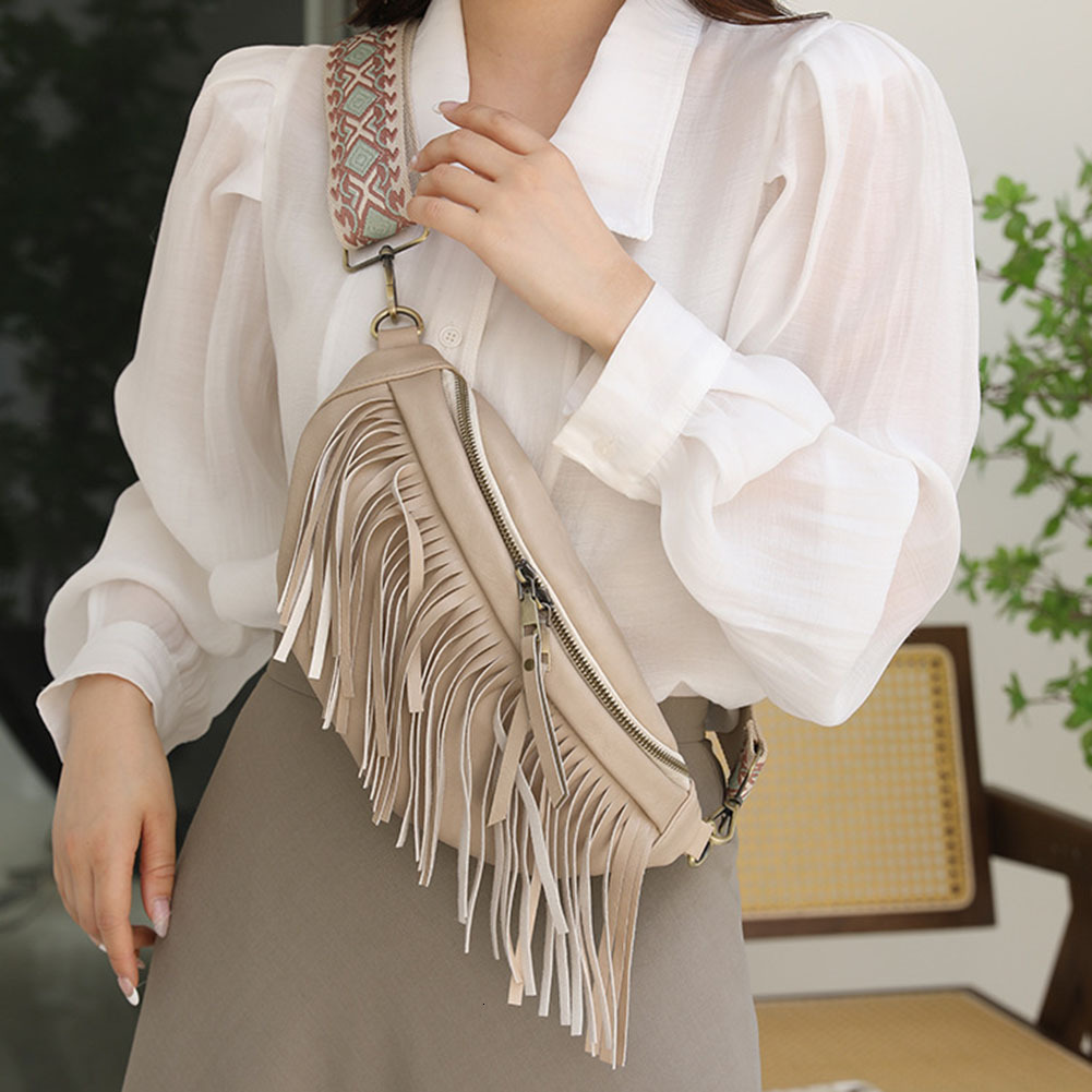 Rretro Tassel Pleated Ladies Fanny Pack Euro-America PU Leather Solid Women's Bum Fashion Fringe Chest Bag with Guitar Strap H7.1#39 ddmy a7af