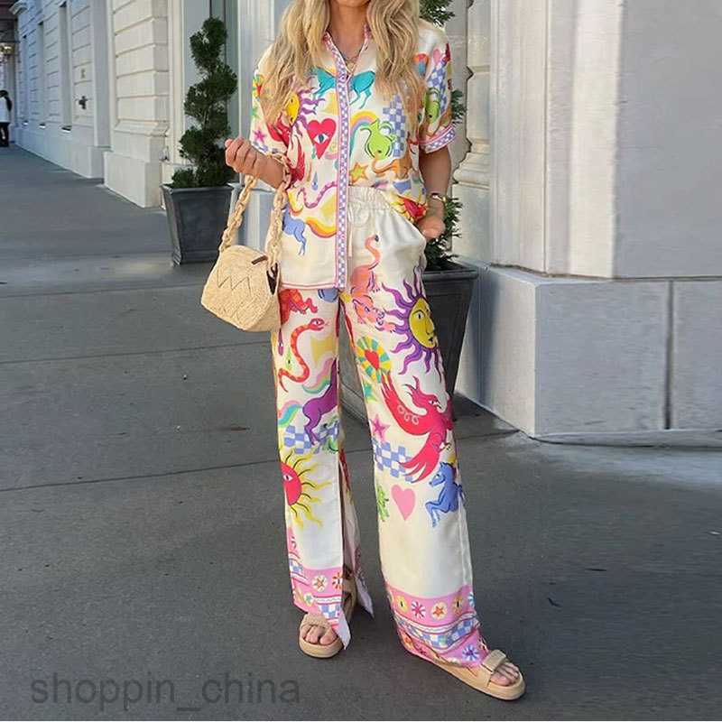 Women's Two Piece Sets Pants Summer New Women's Fashion Elegant and Fashionable Printed Flip Collar Shirt Casual Set