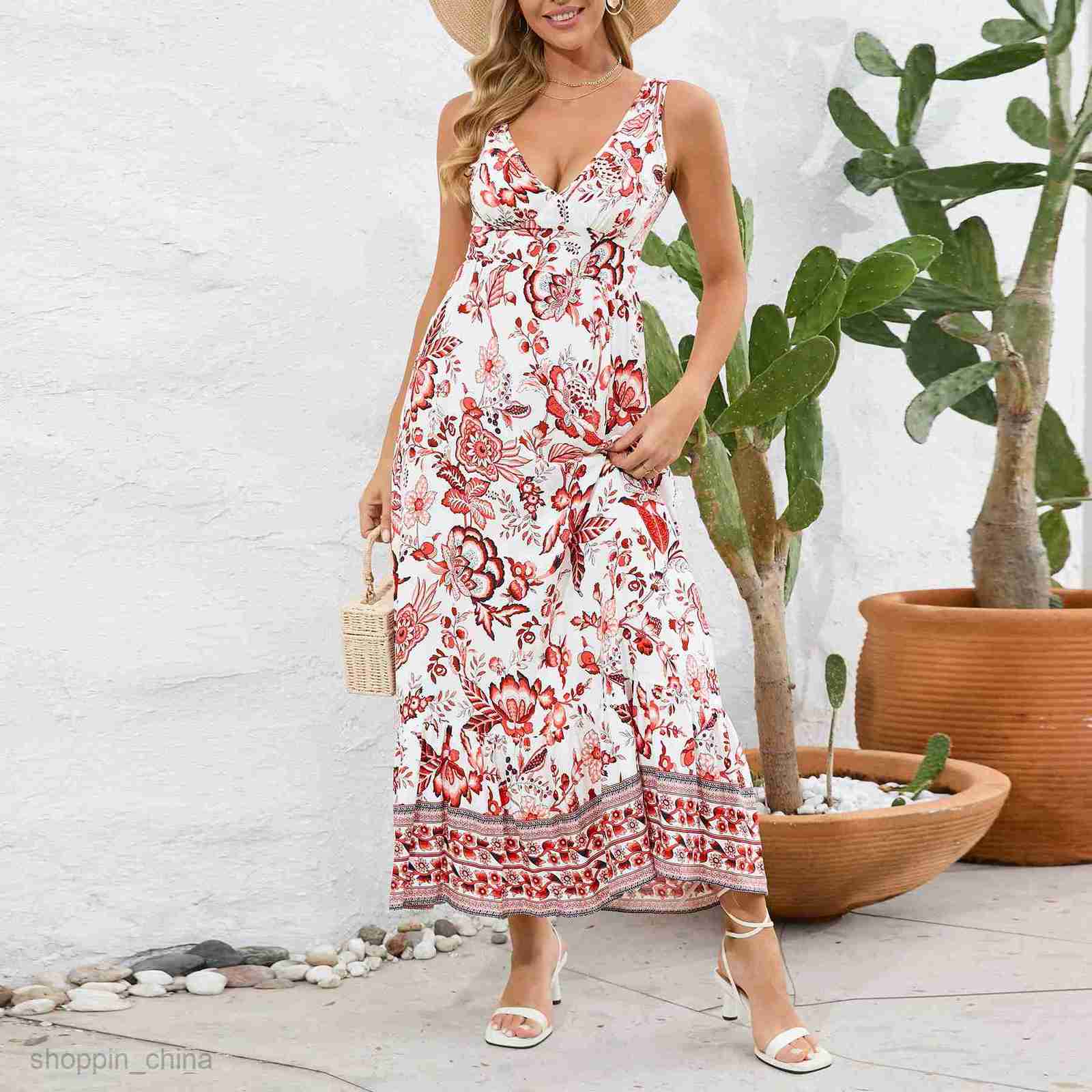 Basic Casual Dresses Women Sexy V-neck slim fit temperament dress, summer women's floral dress, printed long skirt