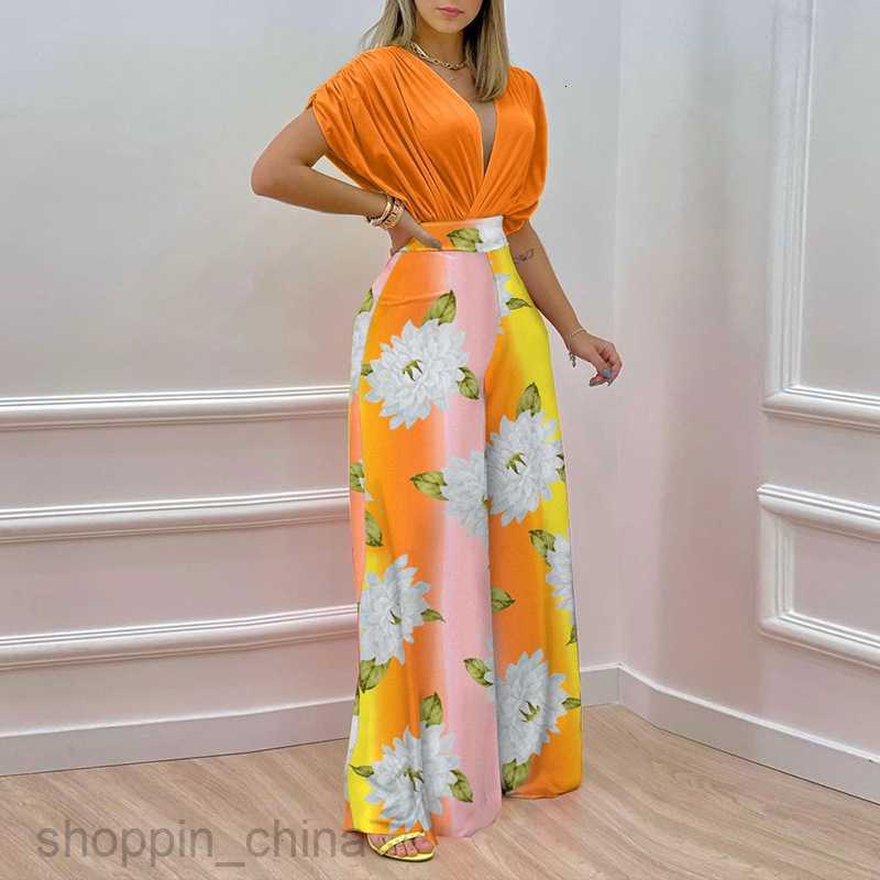 Women's Two Piece Sets Pants women's clothing summer new temperament V-neck printed wide leg pants fashion casual set