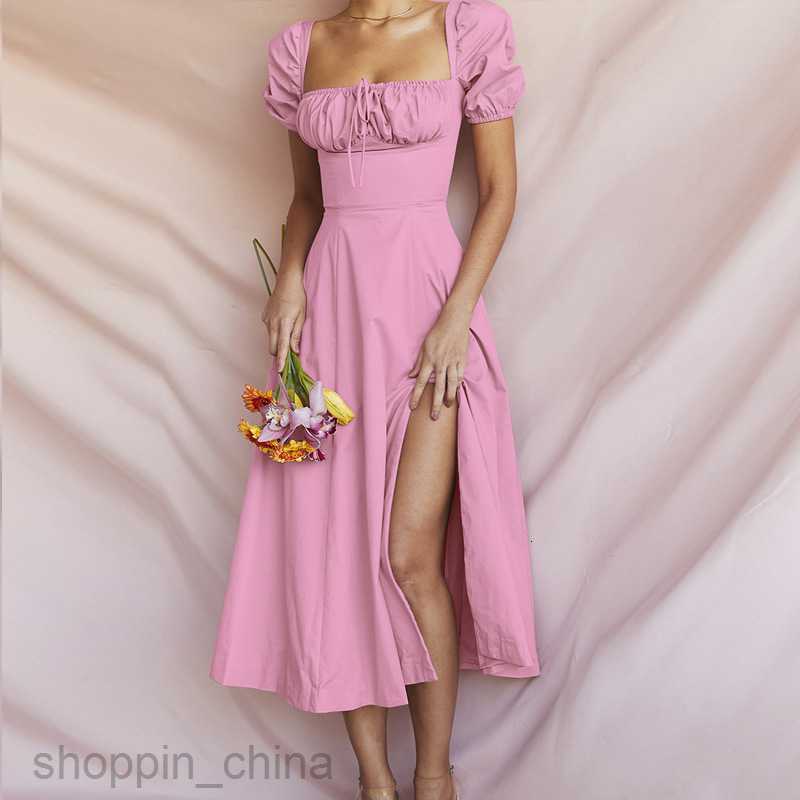 Basic Casual Dresses for Woman Summer Long Dress Women's Bubble Sleeves Lace up Slim Fit Dress