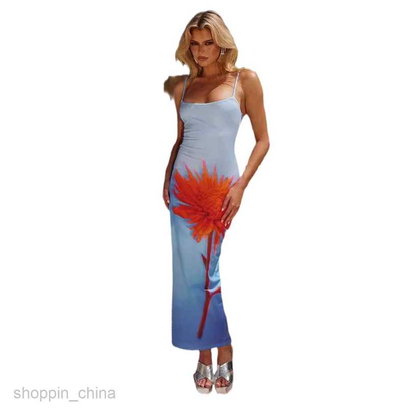 Basic Casual Dresses Women Summer new print camisole slit slim fit dress