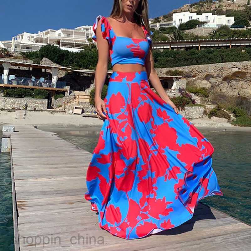 Basic Casual Dresses Women Summer New Waist Top Fashion Sexy Print Dress Long Dress Two Piece Set