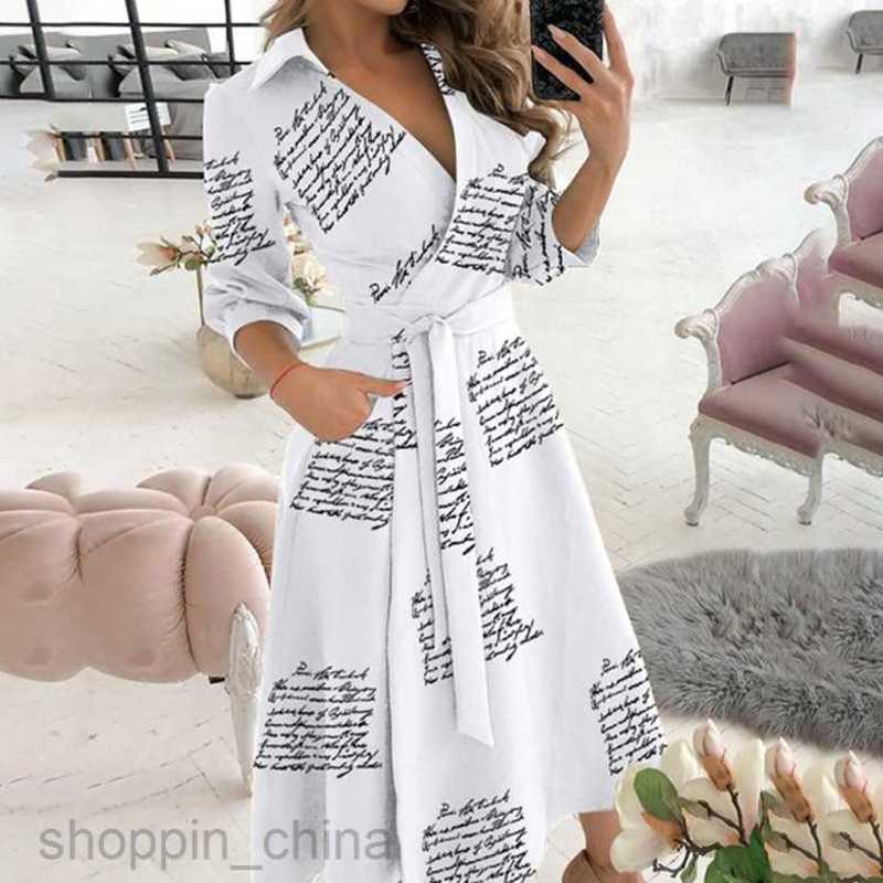 Basic Casual Dresses for Woman Summer New Fashion Print Long sleeved V-neck Wrapped Hip Style Commuter Dress for Women