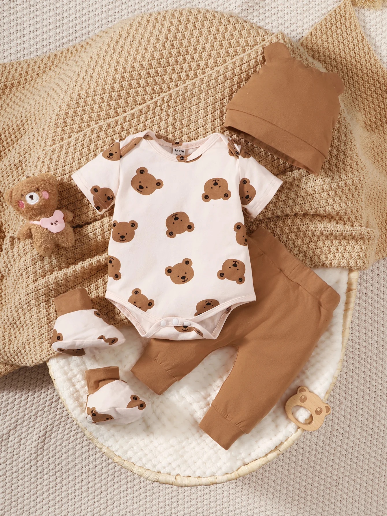 4PCS Clothing Set 0-9 Months Newborn Boy Bear Short Sleeve Romper+Pants+Hat+Sock Infant Baby Full Moon Photography Outfits