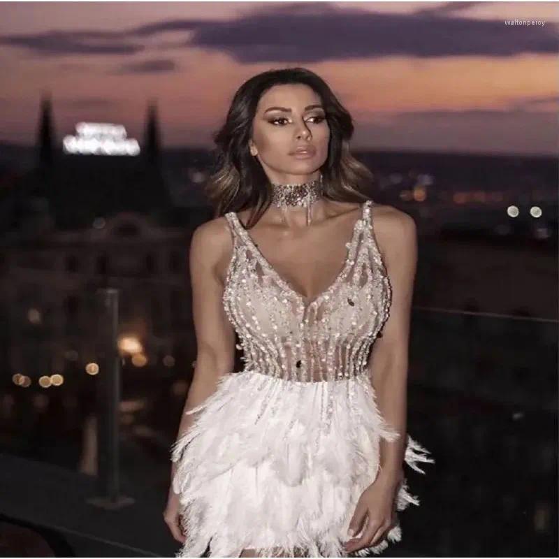 Casual Dresses European And American Sexy V-neck Sleeveless Feather Mini Gown Tassel Sequin Ladies Slim Fit Short Evening Vestidos