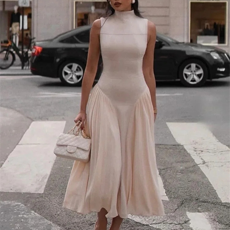 Elegant Sleeveless Women Midi Dress Fashion Slim Half High Collar Pleated Hem A-line Dresses Summer Female Solid Commuting Robe 240530