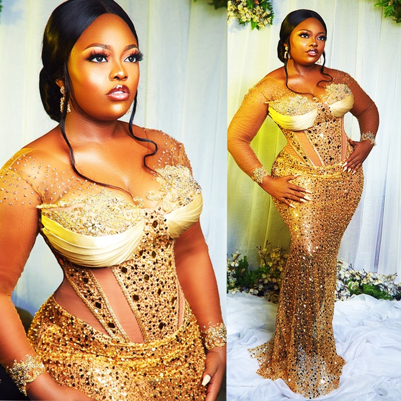 2024 Gold Plus Size Prom Dresses for Black Women Mermaid Promdress Evening Dresses Elegant Illusion Long Sleeves Appliqued Beaded Sequined Lace Gala G