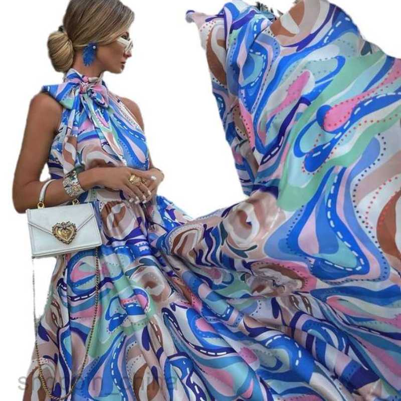 Basic Casual Dresses Women Spring/Summer New Women's Long Skirt Chiffon Sling Blue High Waist Temperament Printed Dress