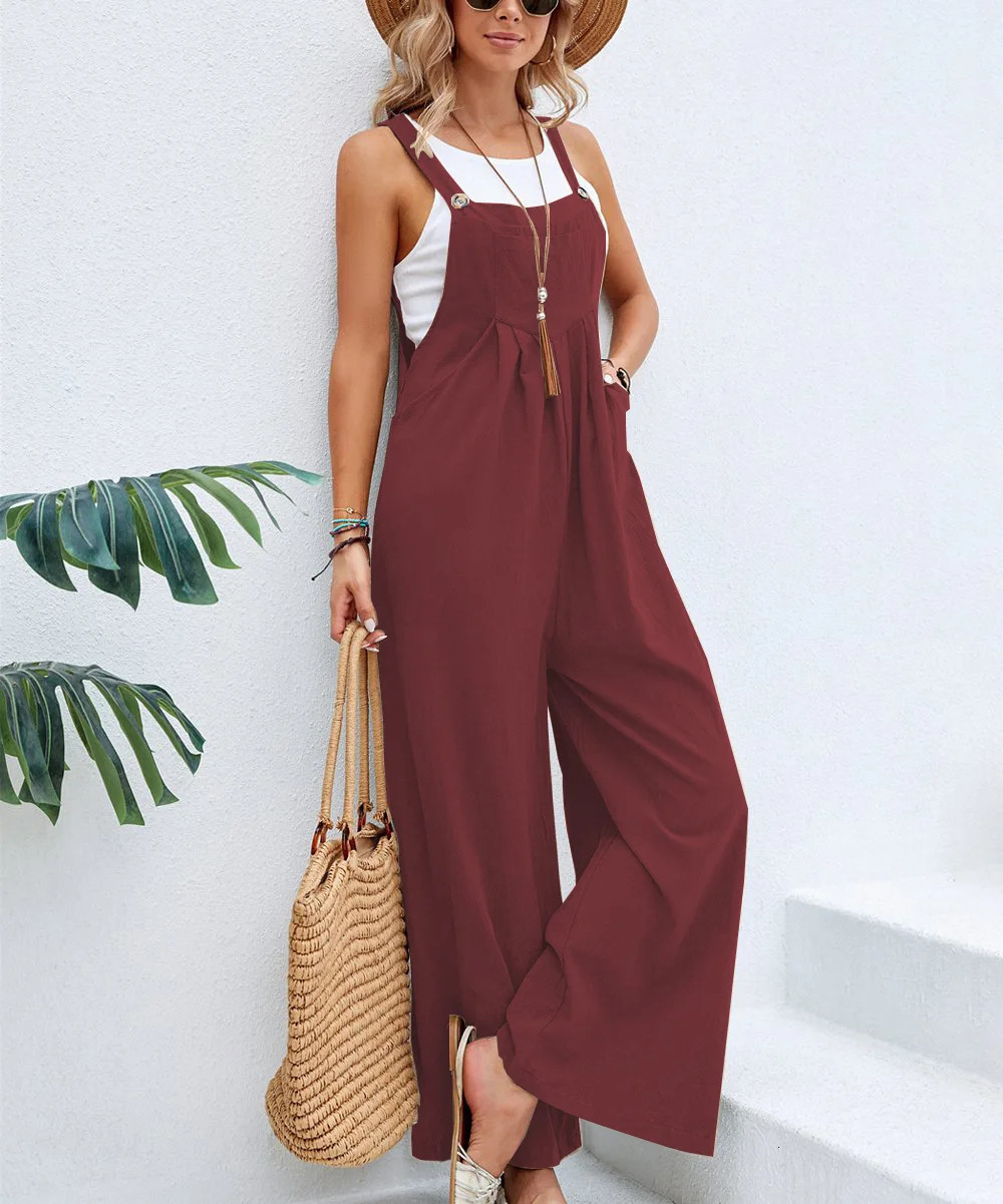 Cotton Linen Jumpsuits Woman Casual Loose Straps Wide Leg Pants Fashion Sleeveless Oversized Plus 240701