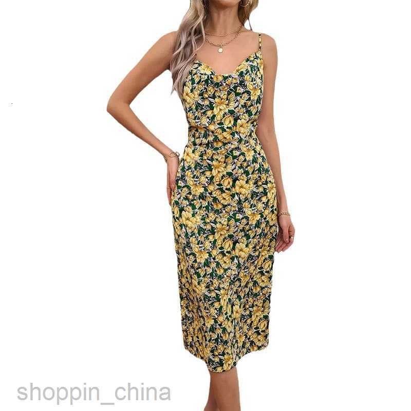 Basic Casual Dresses for Woman Women's Summer New Elegant Hanging Neckline Small Fragmented Flower Sling Dress Printed Sling Dress Long Dress
