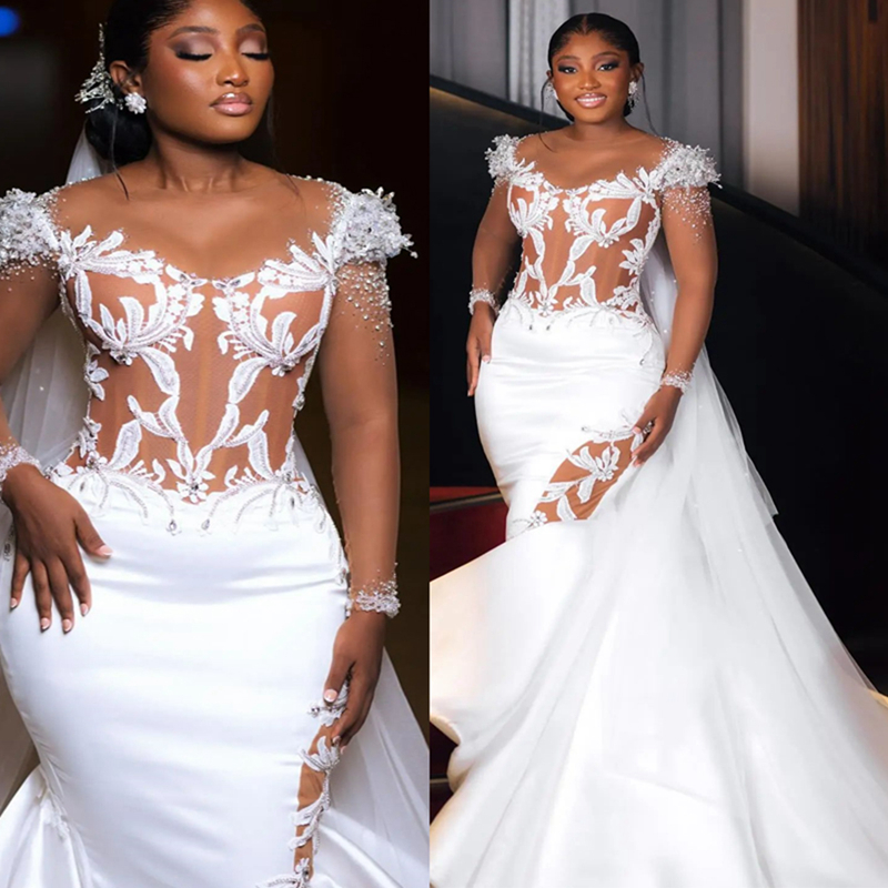 2024 Mermaid Wedding Dresses Bridal Gowns Illusion Mermaid Wedding Gowns for Black Women Long Sleeves Appliqued Beads Lace Rhinestones Crystals Marria