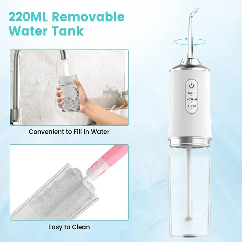 Oral Irrigator Portable Dental Water Flosser USB Rechargeable Water Jet Floss Tooth Pick 4 Jet Tip 220ml 3 Modes IPX7 1400rpm 240701