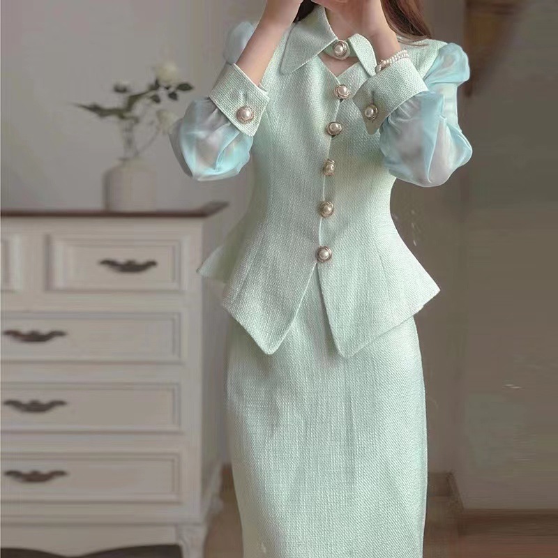 Two Piece Dress Women's Set White Autumn/Winter Long-Sleeved Tassel Ladies Tweed jacket Skirt Suit fashion Professional 2-Piece Set