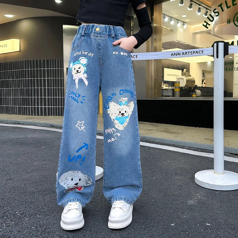 Jeans for Girls Fashion Cartoon Printed Long Denim Trousers Teens Kids Cute Dog Pattern Wide Leg Pants 5 7 9 11 13 14Y 240701