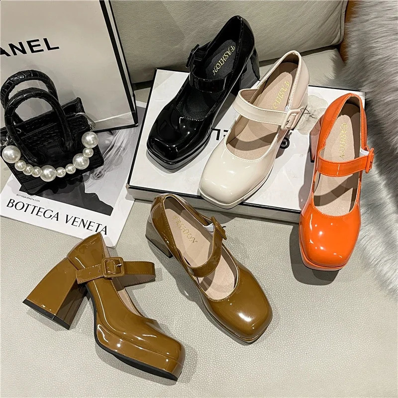 Lady Mary Jane Shoes Platform Square Toe Womens Pumps 7cm Chunky Heels Orange Non-slip Women High Heels Big Size 35-44 240702