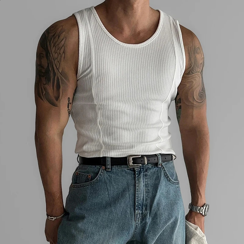 Streetwear Mens Casual Simple Pure Color Vest 2024 Summer Leisure Breathable Slim Elastic Ribbed Camisole Men Vintage Tank Tops 240701