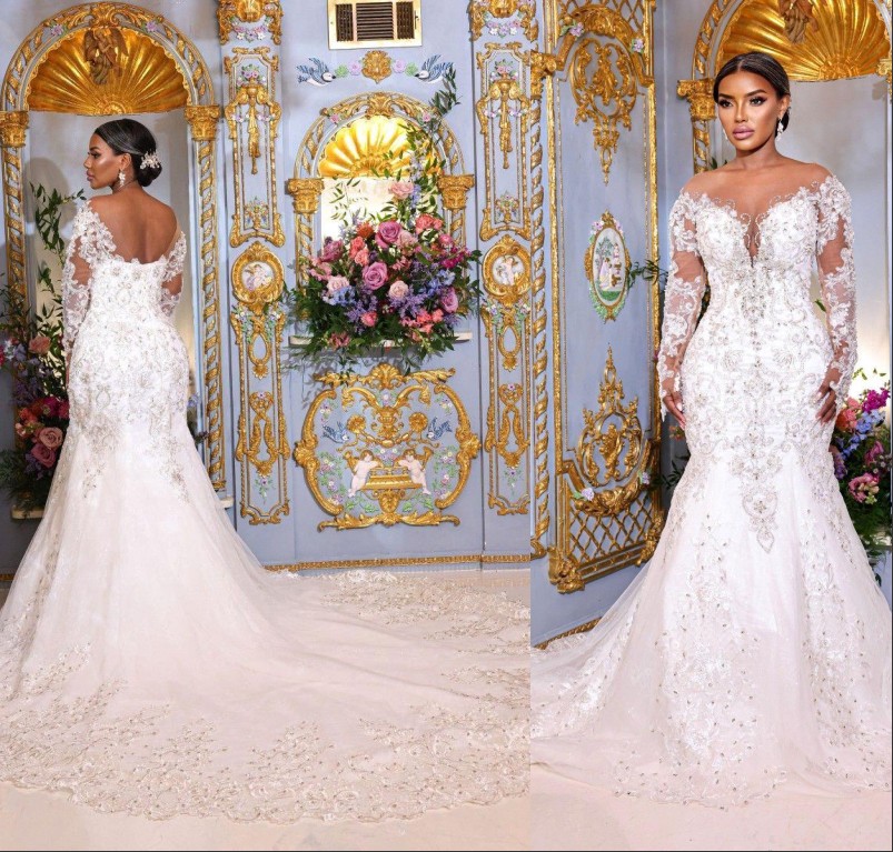 Arabic Long Sleeves Lace Mermaid Wedding Dress Scoop Neck Sheer Tulle Applique Beaded Backless Bridal Gowns With Chapel Train BC19082