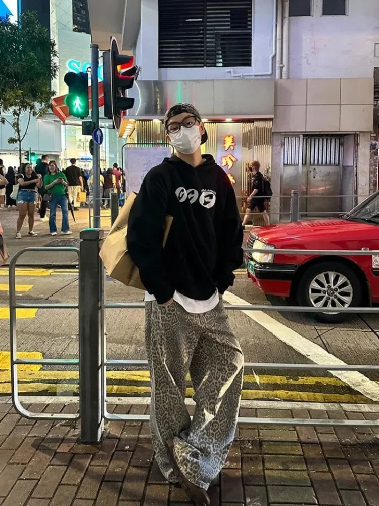 Y2k Leopard Jeans Pants Men Oversized Panther Print Jean Wide Leg Pant Fashion Trendy Retro Loose Man Hipop Baggy Jean Trousers 240701